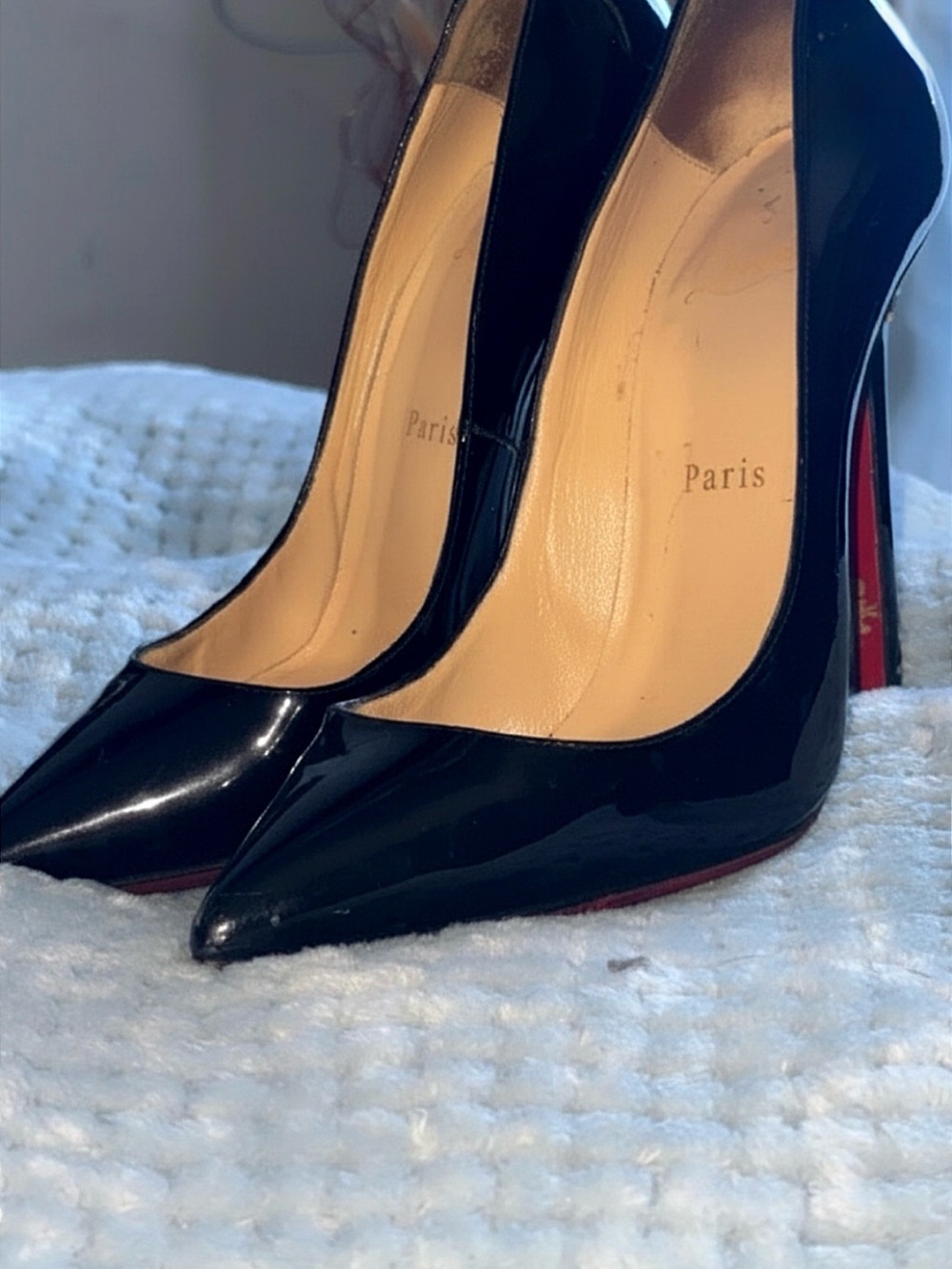 Christian Louboutin Classic Black Patent Pointed Toe Stilettos size 37 1/2